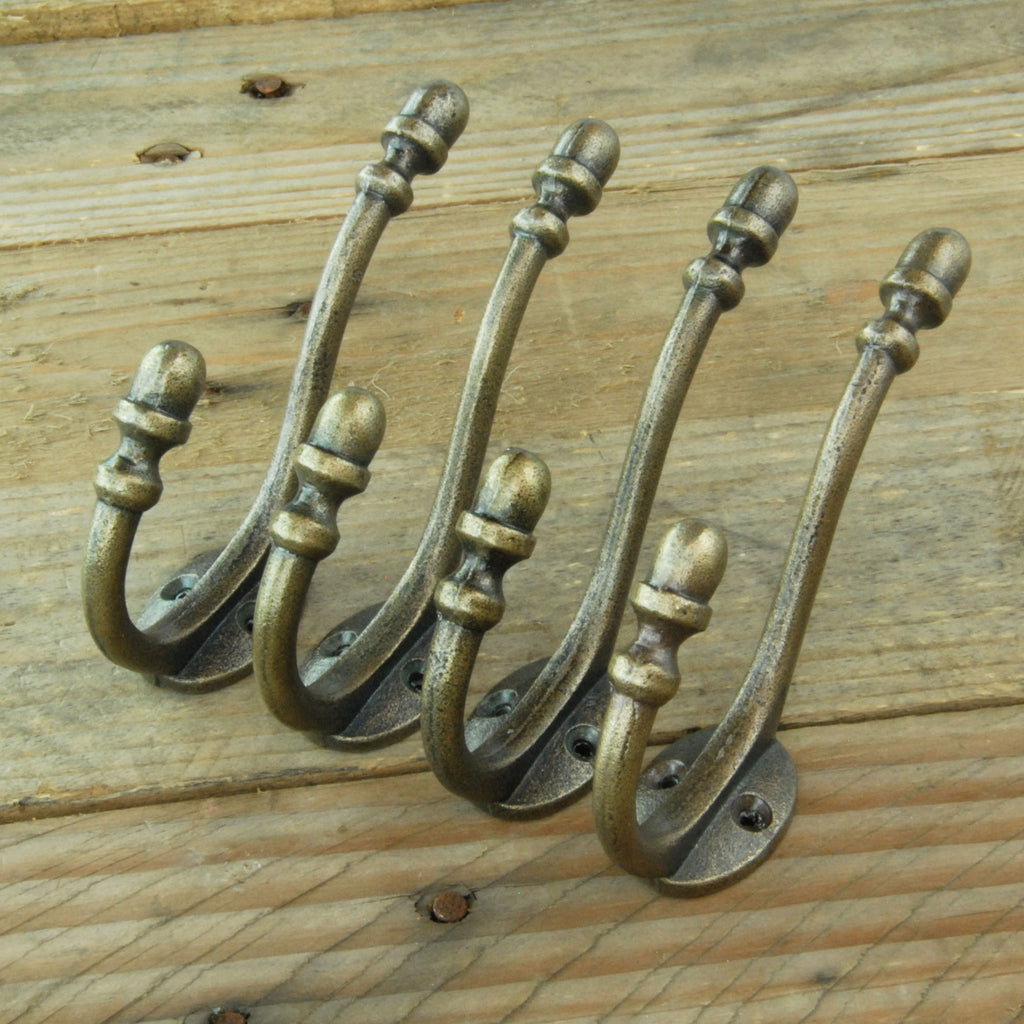 Antique Brass Cast Iron Acorn Double Wall Hooks - Set of 4