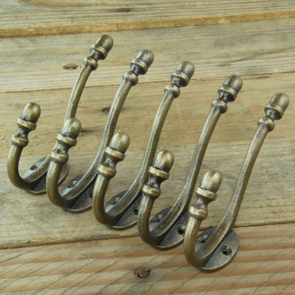 Antique Brass Cast Iron Acorn Double Wall Hooks - Set of 5