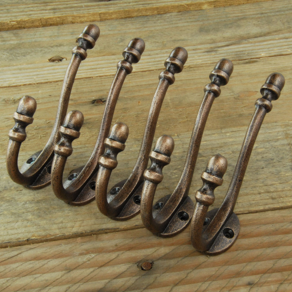 Antique Copper Cast Iron Acorn Double Wall Hooks - Set of 5