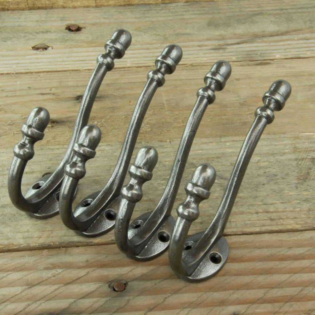 Pewter Finish Cast Iron Acorn Double Wall Hooks - Set of 4