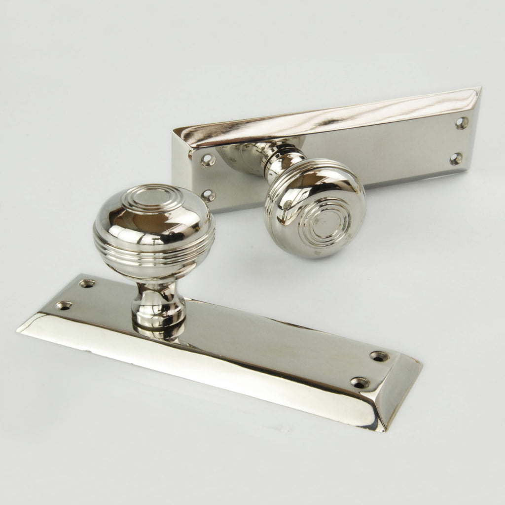 Bellport Polished Nickel Solid Brass Round Door Knobs on a Long Backplate