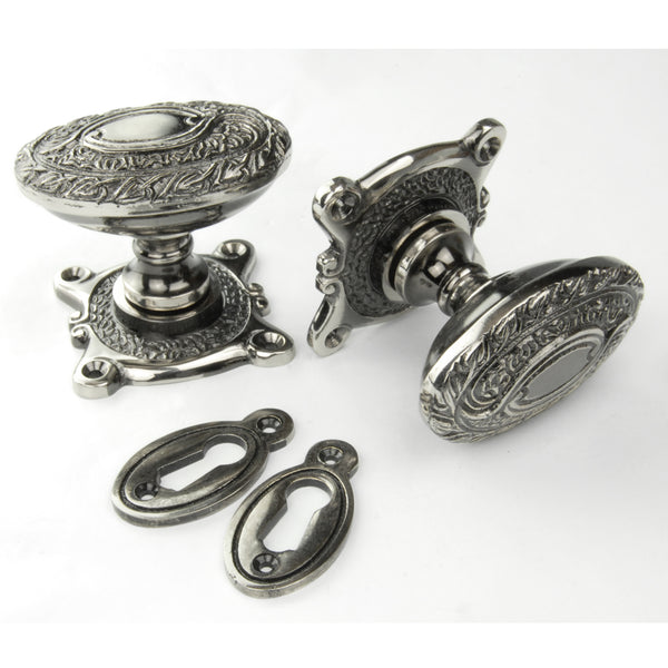 Vintage Period Style Ornate Oval Solid Brass Door Knobs Handles - Antique Nickel