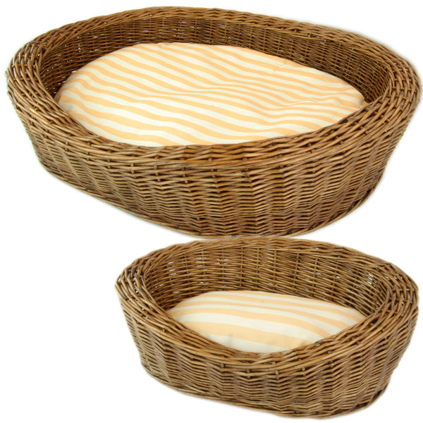 Wicker Willow Basket Pet Dog Cat Beds Round in Brown with Cushion