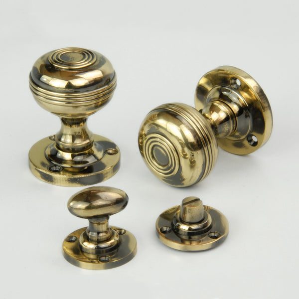 Regency Bloxwich Solid Antique Brass Door Knobs with Bathroom Lock Thumb Turn