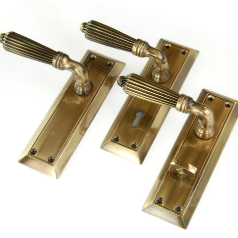 Antique Solid Brass Regency Reeded Lever Door Handles on Long Backplate
