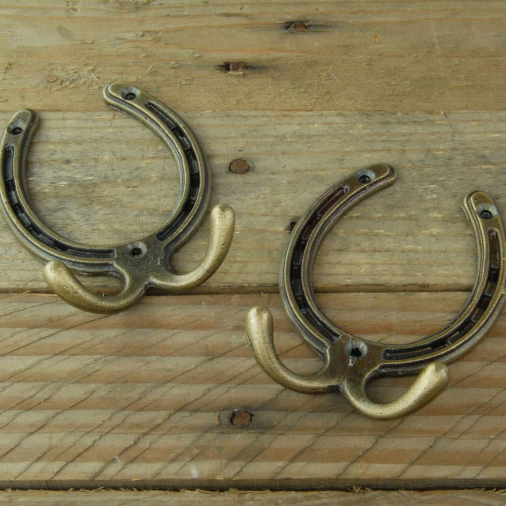 Antique Brass Horseshoe Cast Iron Double Wall Hooks - Set of 2