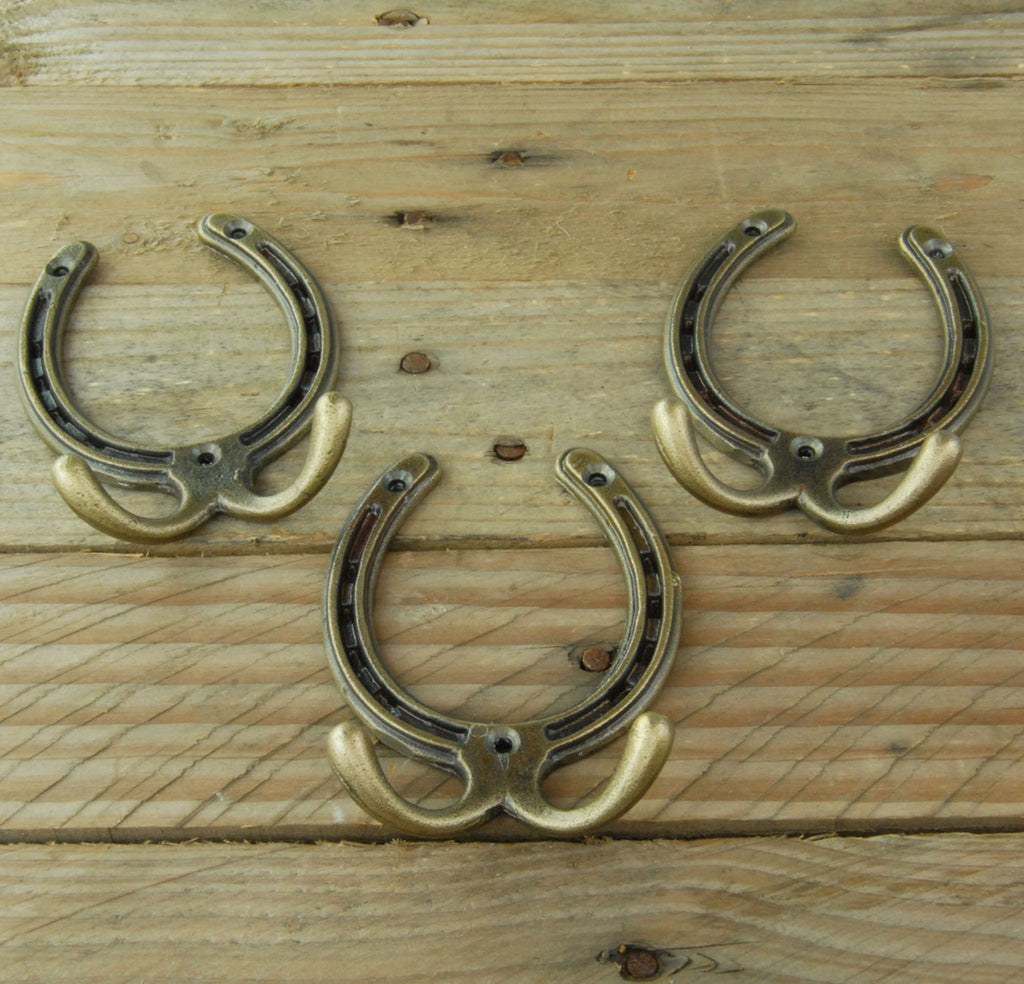 Antique Brass Horseshoe Cast Iron Double Wall Hooks - Set of 3