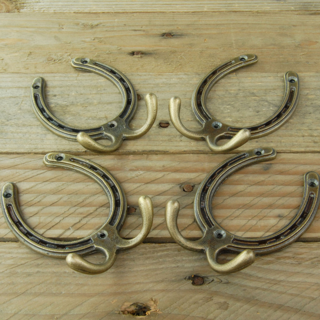 Antique Brass Horseshoe Cast Iron Double Wall Hooks - Set of 4