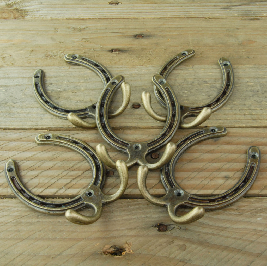Antique Brass Horseshoe Cast Iron Double Wall Hooks - Set of 5