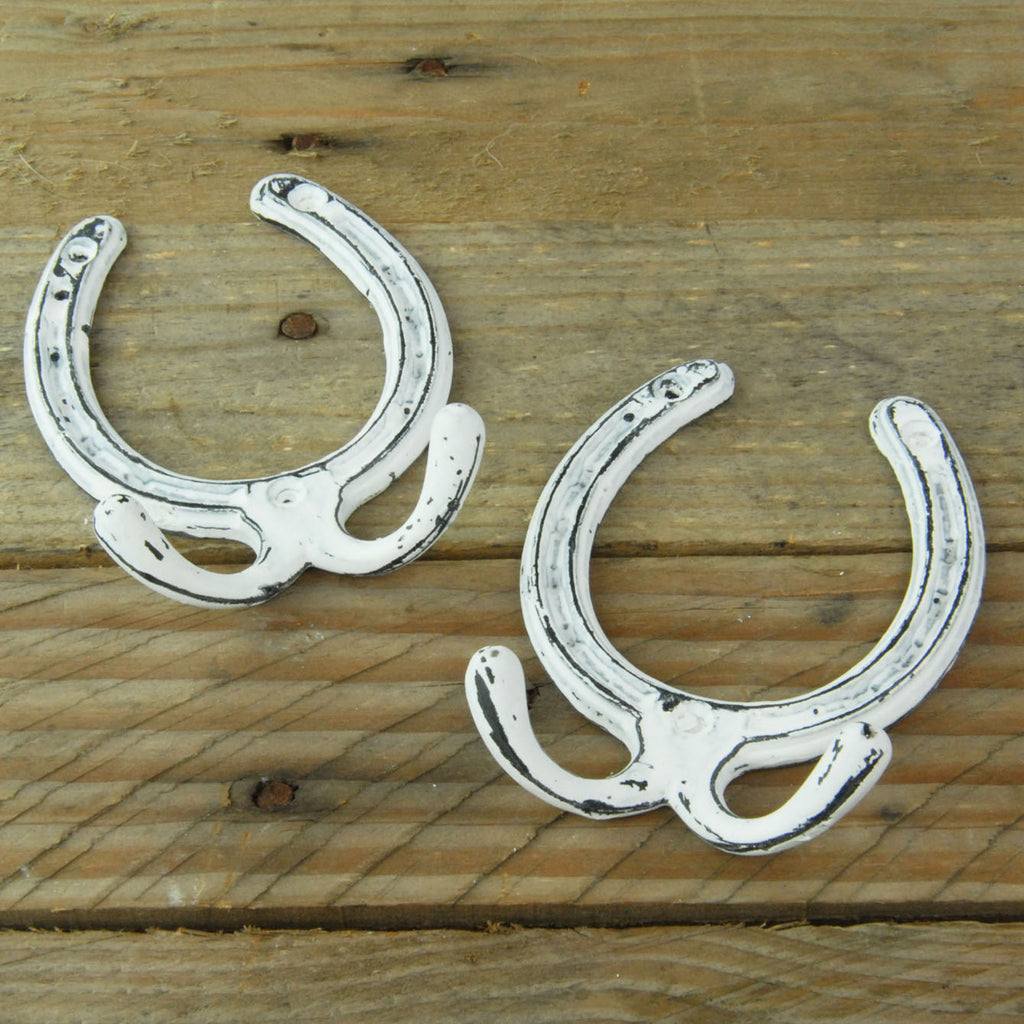 Distressed White Horseshoe Cast Iron Double Wall Hooks - Set of 2