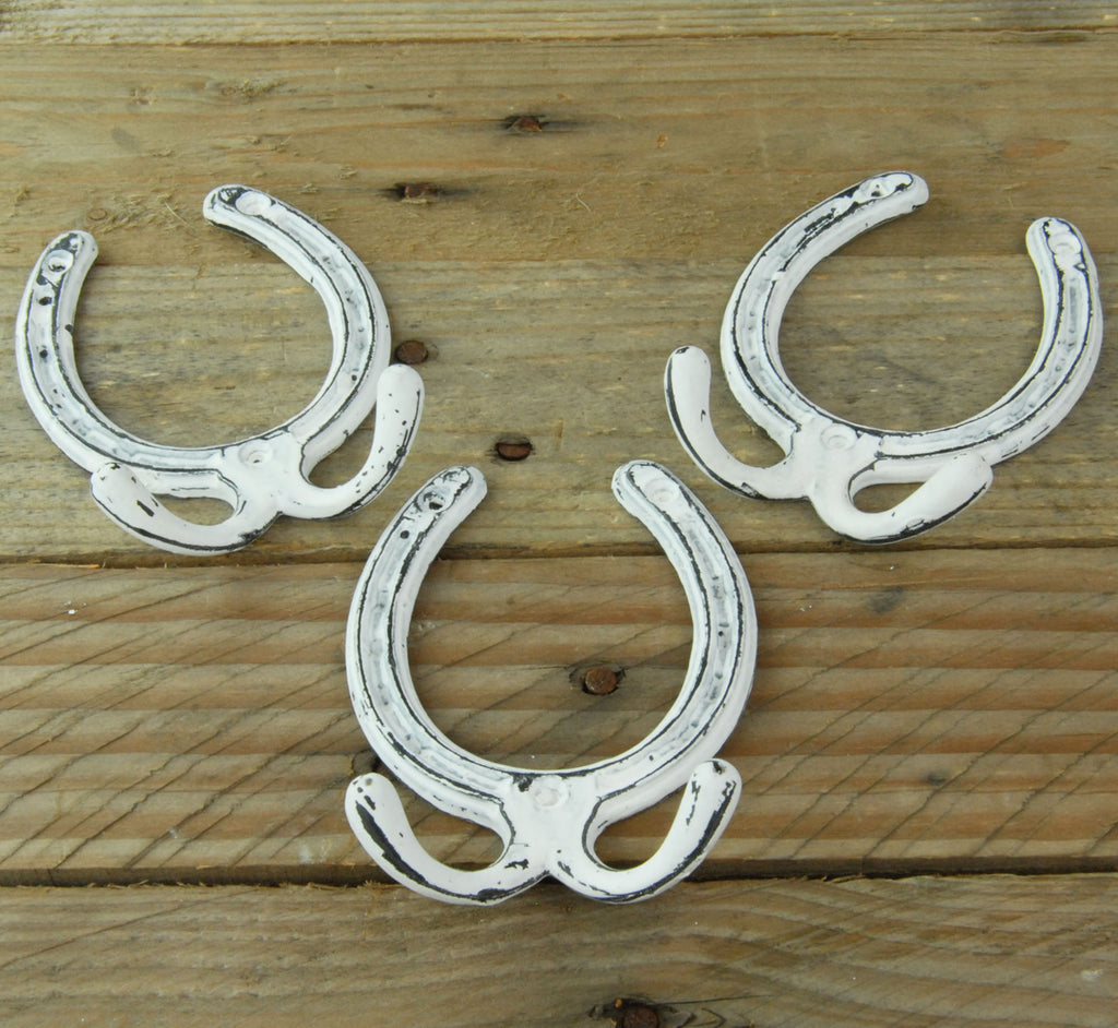 Distressed White Horseshoe Cast Iron Double Wall Hooks - Set of 3