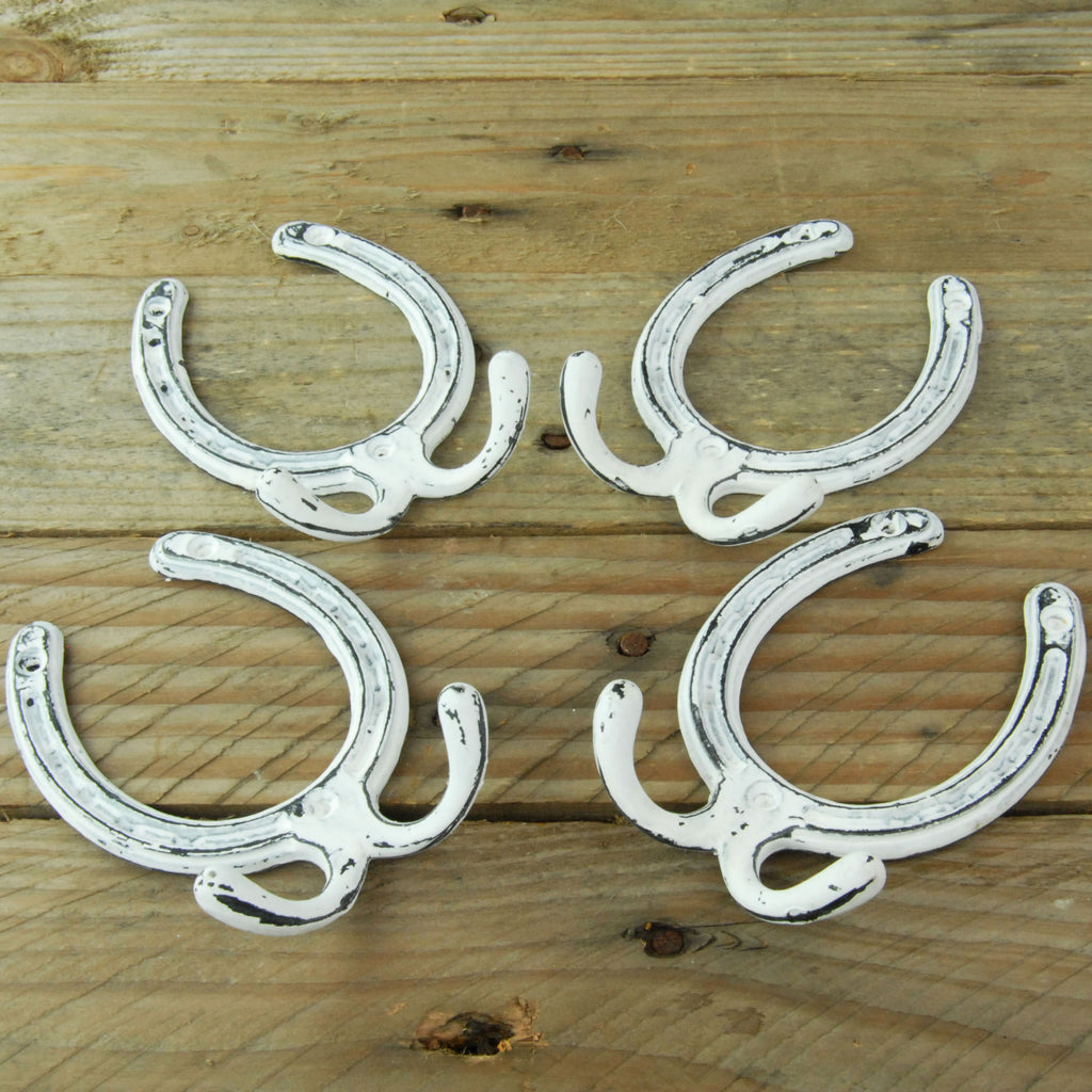 Distressed White Horseshoe Cast Iron Double Wall Hooks - Set of 4