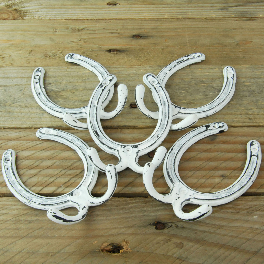 Distressed White Horseshoe Cast Iron Double Wall Hooks - Set of 5