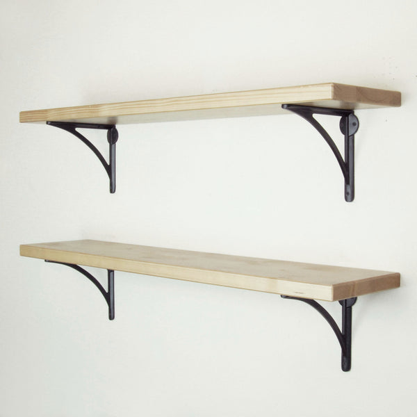 Rustic Solid Wood Wall Shelf Light Oak with Black Cast Iron Metal Arch Brackets