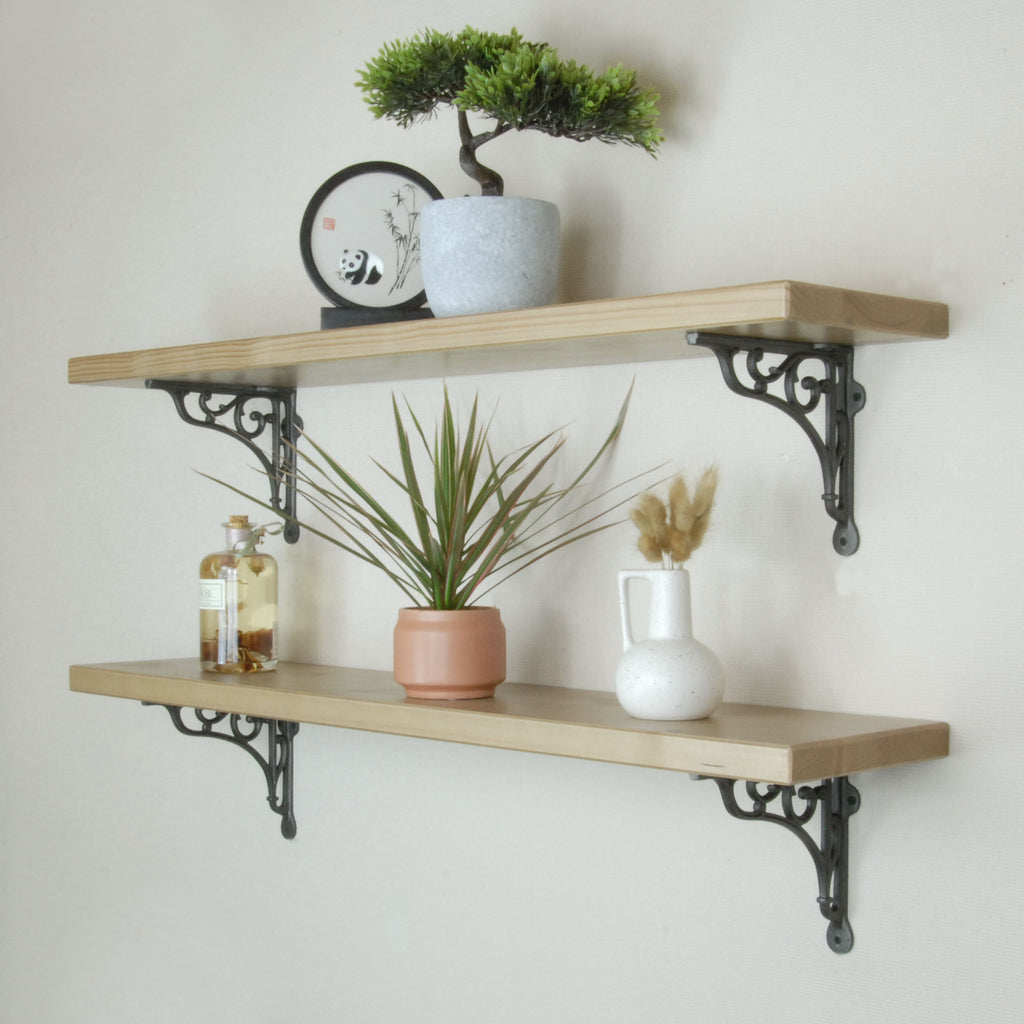 Rustic Solid Wood Wall Shelf Light Oak with Cast Iron Heritage Metal Arch Brackets
