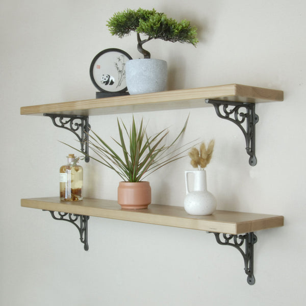 Rustic Solid Wood Wall Shelf Light Oak with Cast Iron Heritage Metal Arch Brackets