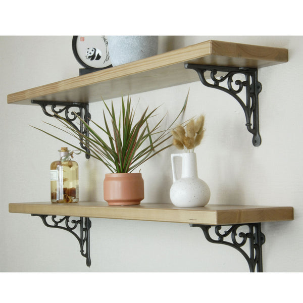 Rustic Solid Wood Wall Shelf Light Oak with Cast Iron Heritage Metal Arch Brackets