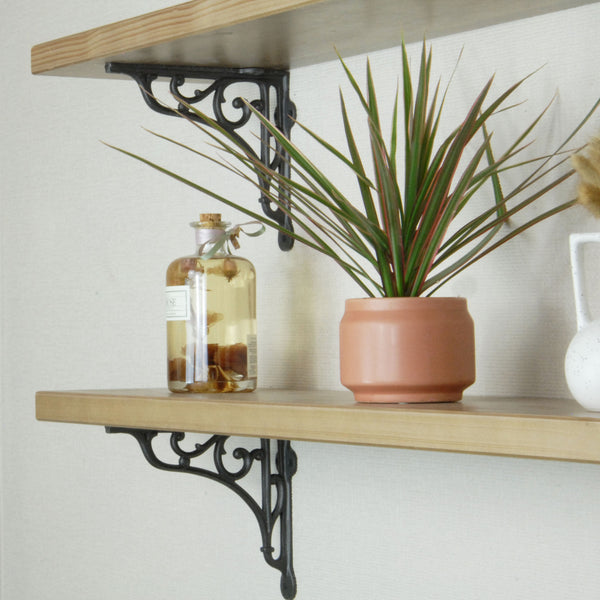 Rustic Solid Wood Wall Shelf Light Oak with Cast Iron Heritage Metal Arch Brackets