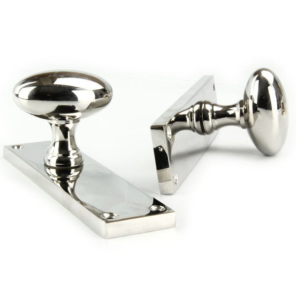New York Oval Solid Brass Door Knobs Handles on Backplate Polished Nic JonesandGrey