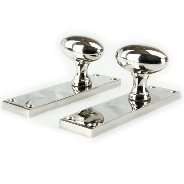 New York Oval Solid Brass Door Knobs Handles on Backplate Polished Nickel