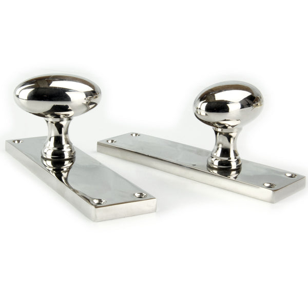 New York Oval Solid Brass Door Knobs Handles on Backplate Polished Nickel