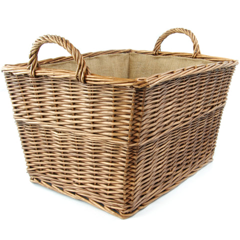 Large Brown Willow Tapered Basket with Carry Handles Hessian Lined
