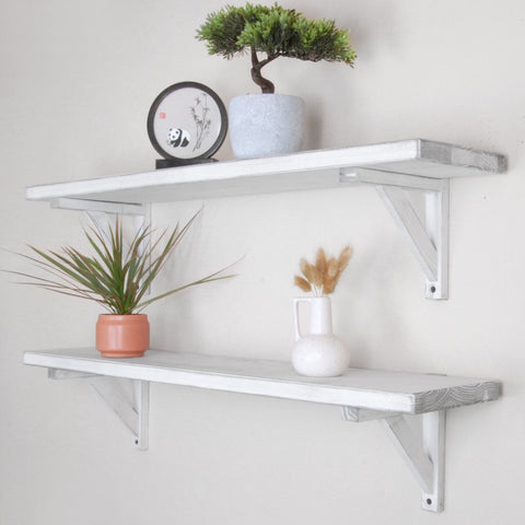 Rustic Solid Wood Wall Shelf Distressed White with Wooden Brackets