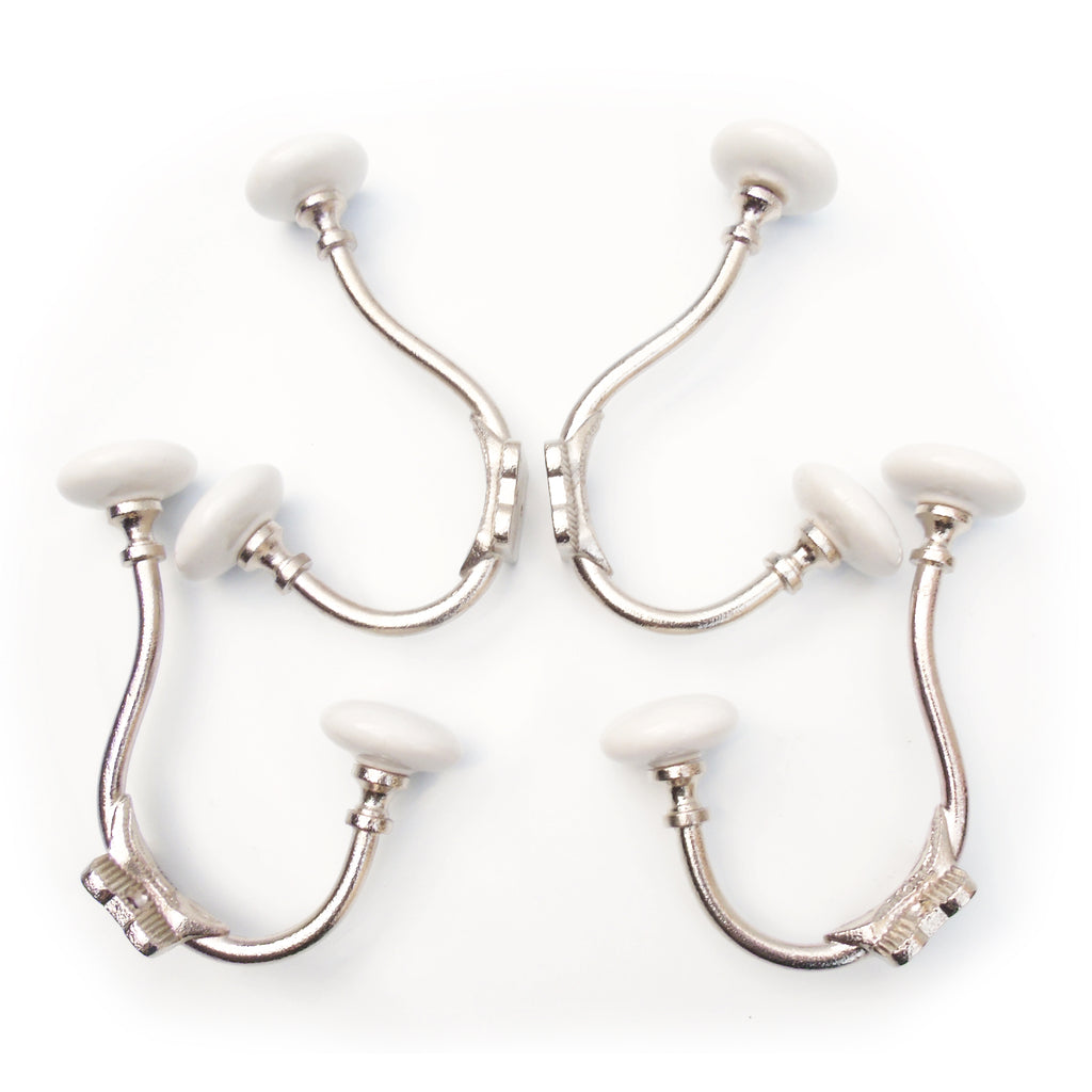 Set of 4 - Vintage White Ceramic Nickel Cast Iron Double Wall Hooks