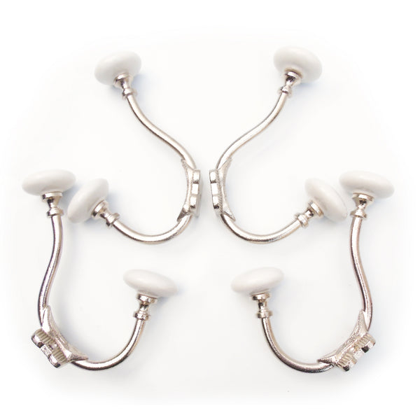 Set of 4 - Vintage White Ceramic Nickel Cast Iron Double Wall Hooks