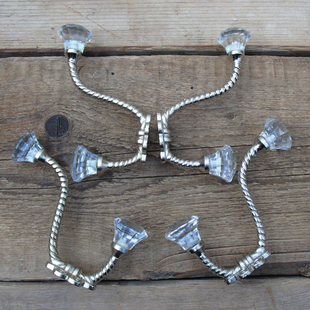 Set of 4 - Vintage Style Cast Iron Wall Hooks with Clear Glass Ends