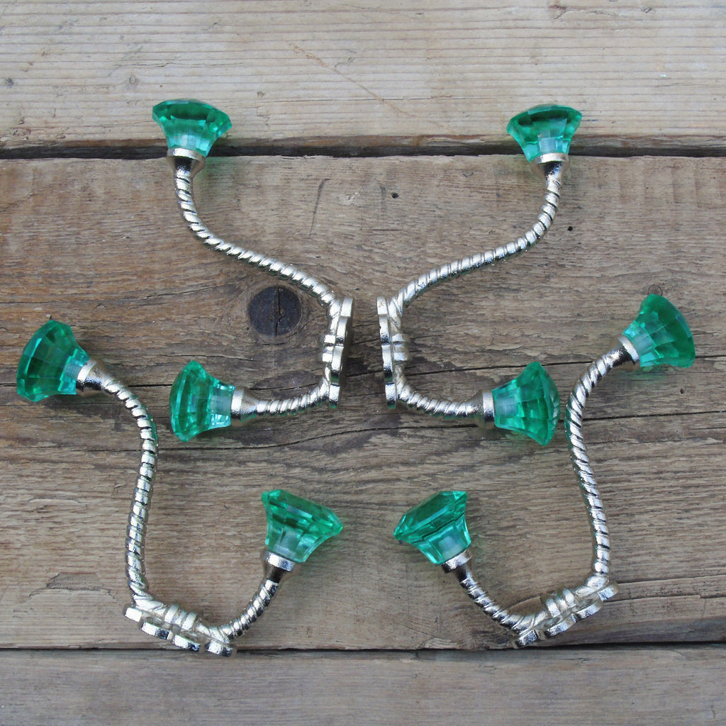 Set of 4 - Vintage Style Cast Iron Wall Hooks with Green Glass Ends