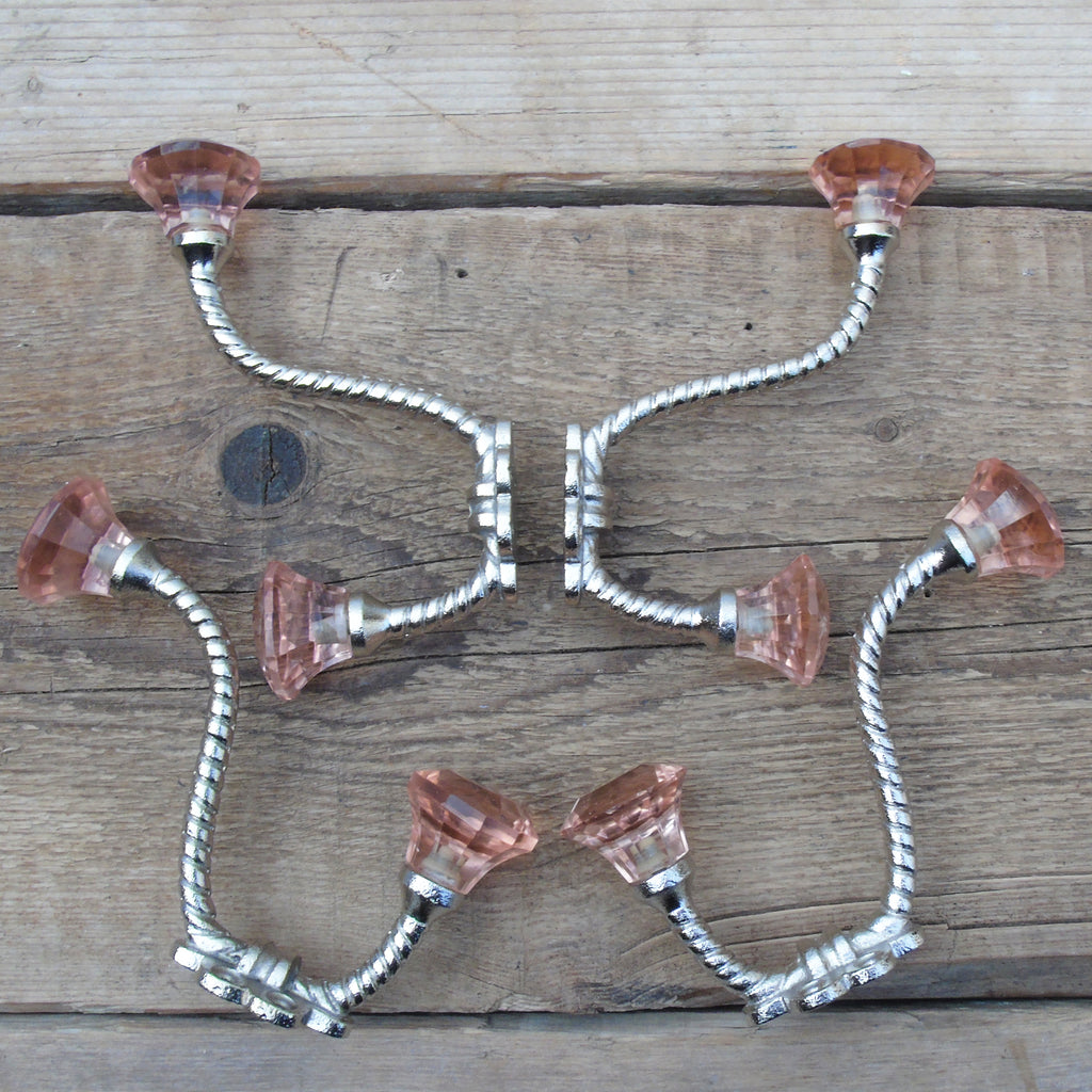 Set of 4 - Vintage Style Cast Iron Wall Hooks with Pink Glass Ends
