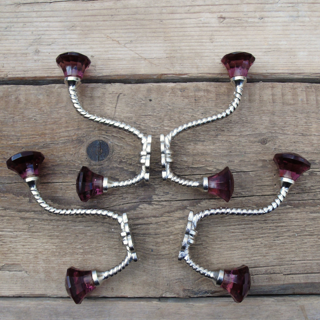 Set of 4 - Vintage Style Cast Iron Wall Hooks with Purple Glass Ends