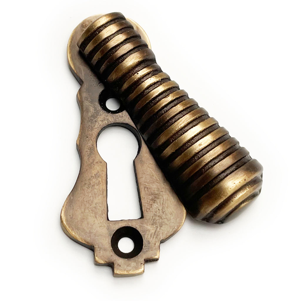 Reeded Regency Style Escutcheon Door Lock Cover - Antique Brass