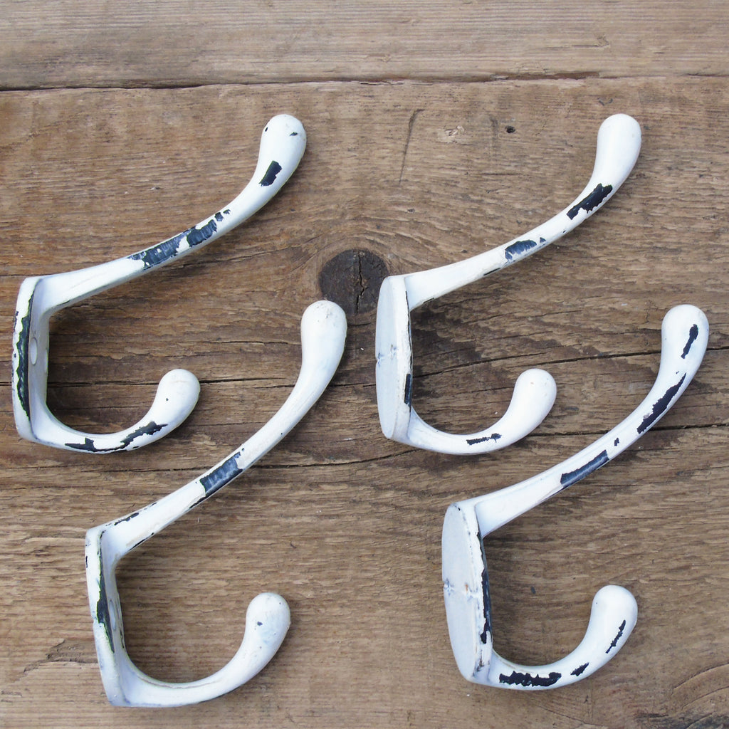 Set of 4 Distressed White Vintage Style Cast Iron Double Wall Hooks