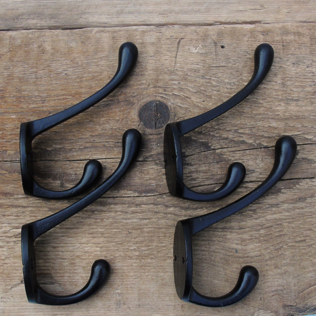Set of 4 Vintage Style Cast Iron Double Wall Hooks Black