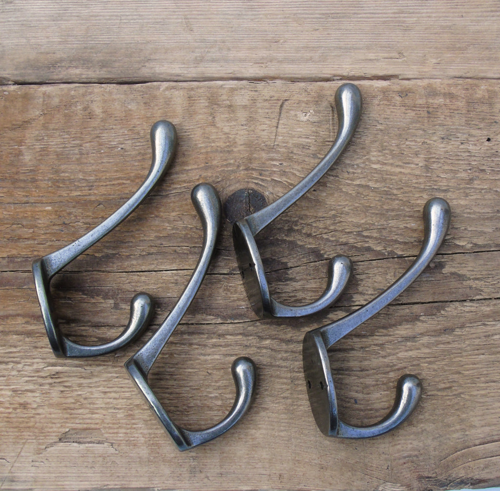 Set of 4 Vintage Pewter Style Cast Iron Double Wall Hooks
