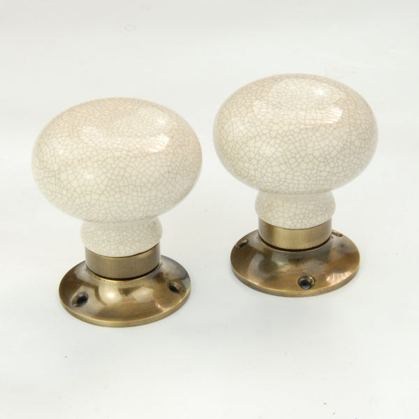 Cream Ceramic Crackle Glaze Round Door Knobs Mortice Handles Antique Brass