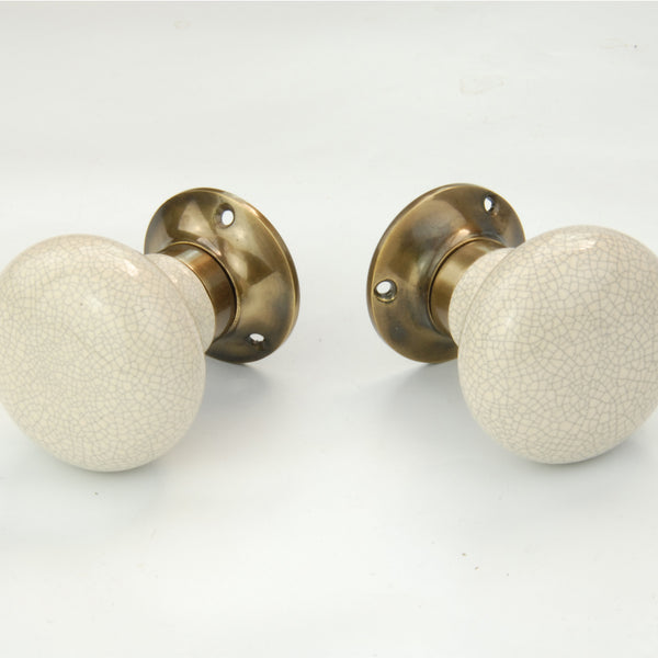 Cream Ceramic Crackle Glaze Round Door Knobs Mortice Handles Antique Brass