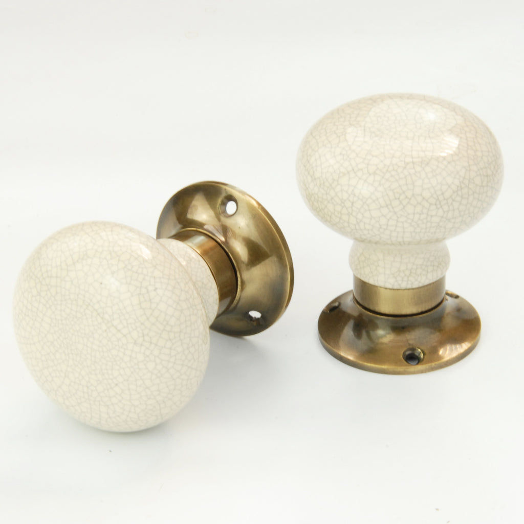 Cream Ceramic Crackle Glaze Round Door Knobs Mortice Handles Antique Brass