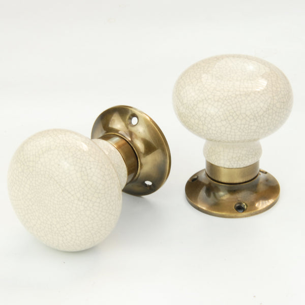 Cream Ceramic Crackle Glaze Round Door Knobs Mortice Handles Antique Brass