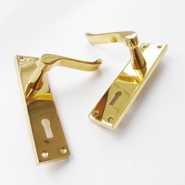 Victorian Polished Brass Scroll Lever Latch Door Handles on Backplate