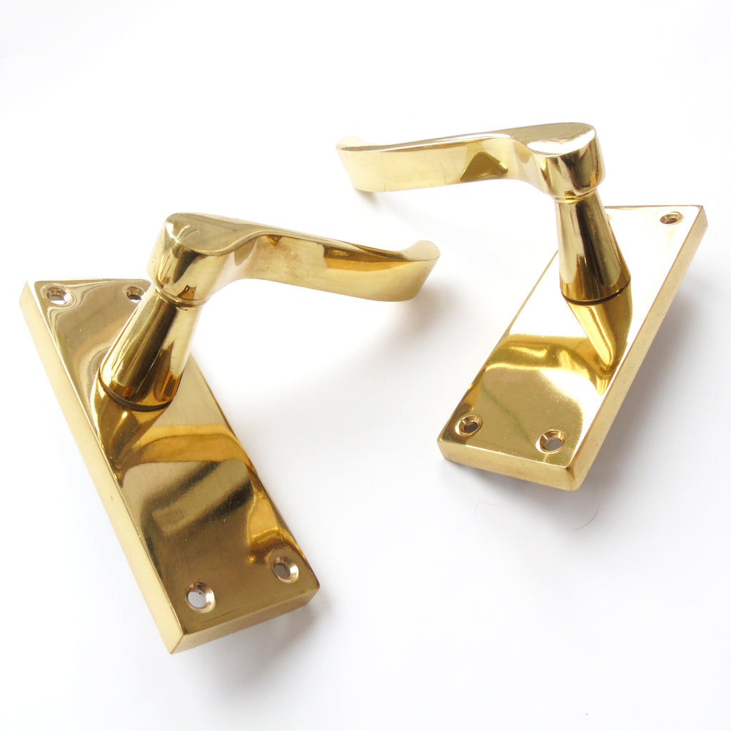 Victorian Polished Brass Scroll Lever Latch Door Handles on Backplate