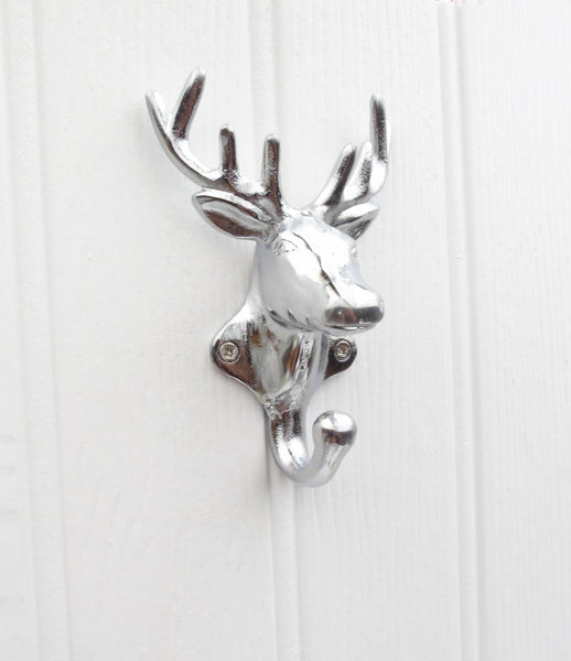 Silver Chrome Stags Head Cast Iron Metal Wall Coat Hook Rack