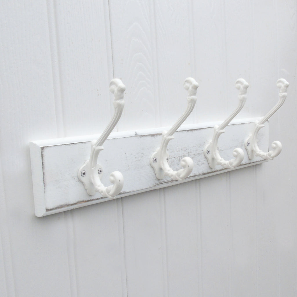 Shabby Chic Distressed White Coat Rack - 4 Ornate White Cast Iron Hooks