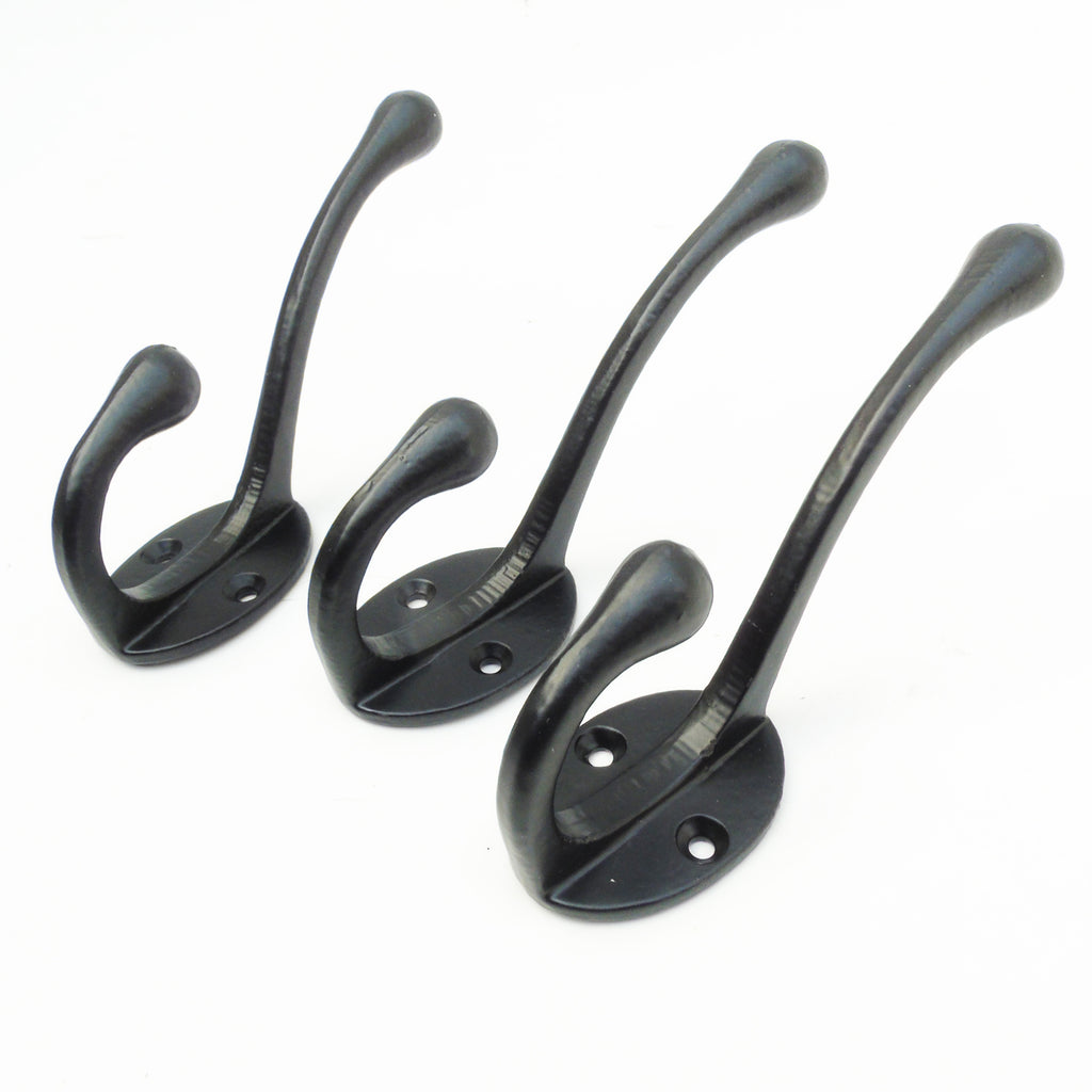 Set of 3 Vintage Style Cast Iron Double Wall Hooks Black