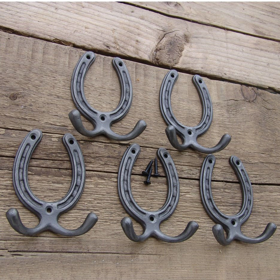 Horseshoe Cast Iron Double Wall Hooks - Set of 5
