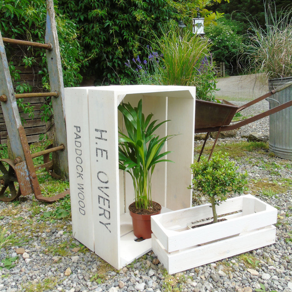 Set of 2 White Vintage Fruit Bushel Box Crate Garden Planter & Trough