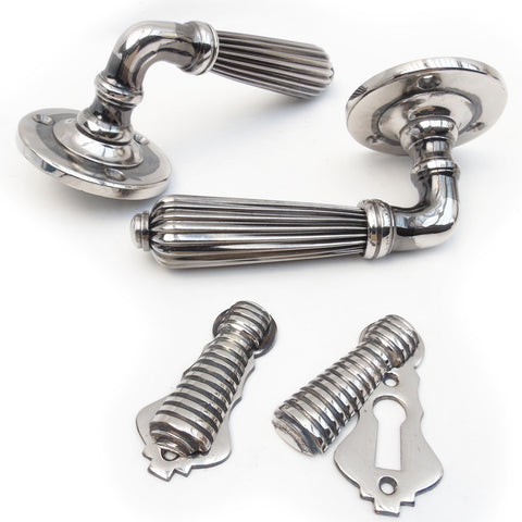 Regency Style Reeded Lever Door Handles & Escutcheons Aged Nickel