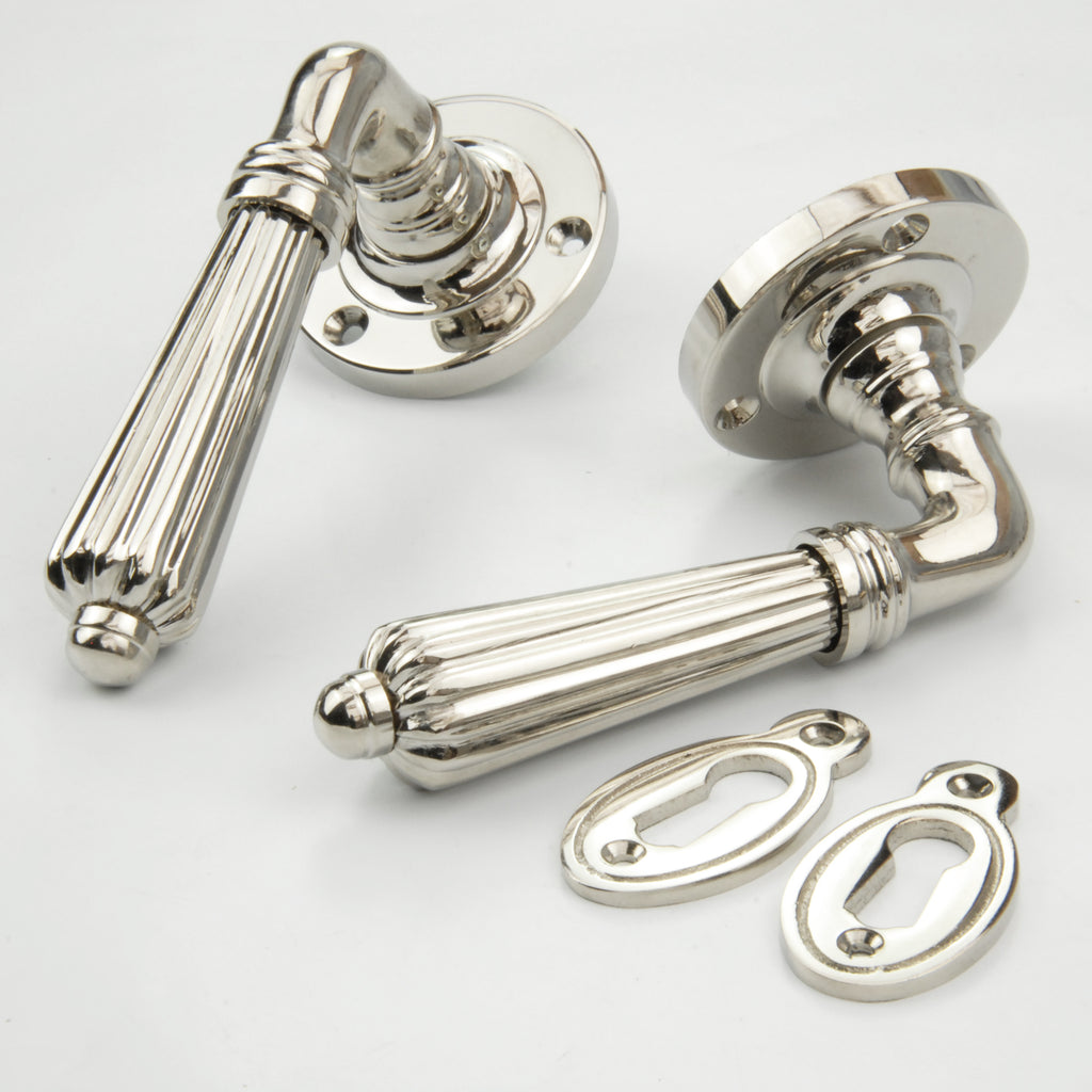 Regency Reeded Lever Door Handles & Oval Escutcheons Polished Nickel